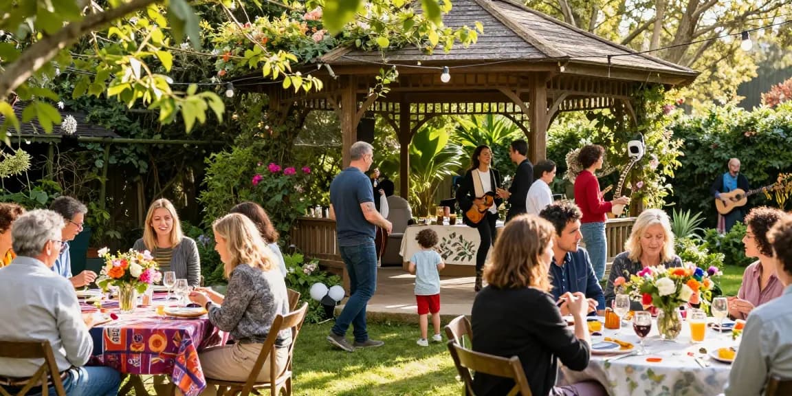 Engaging gazebo hire London scene with guests enjoying a garden party under a beautifully decorated gazebo.