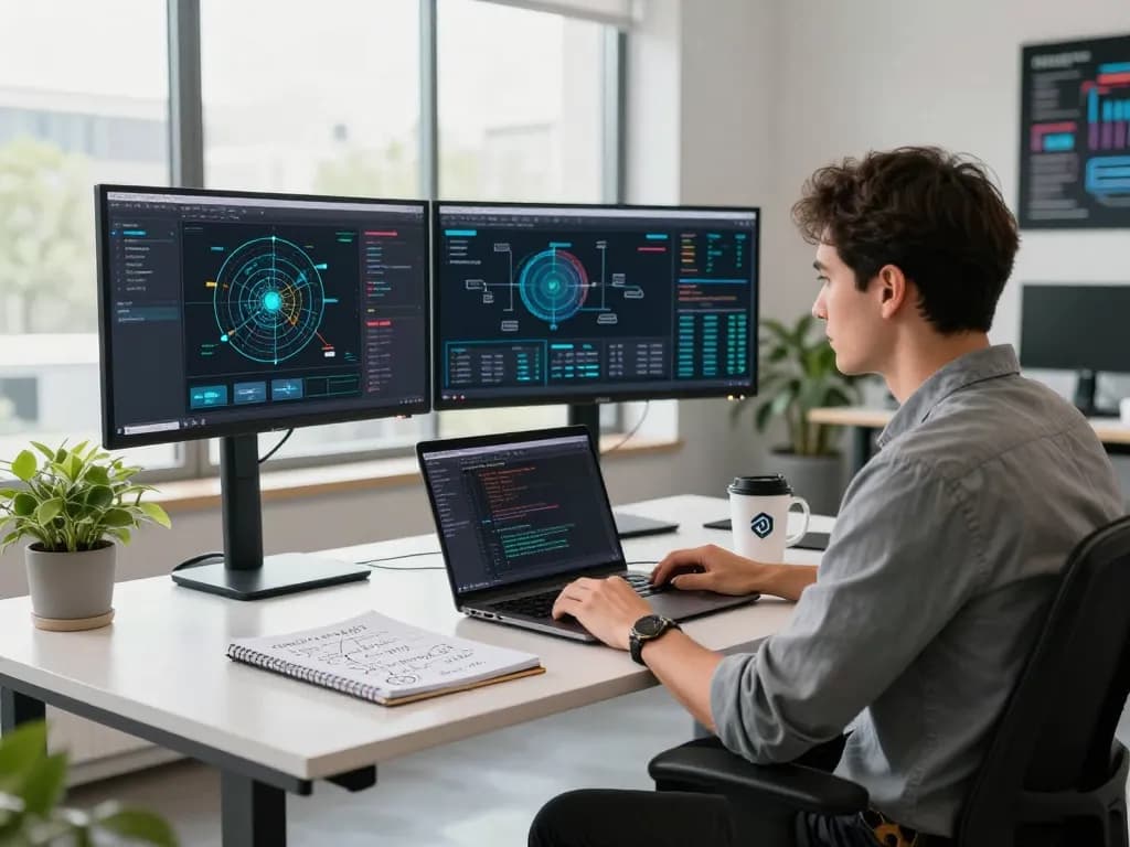 快连 network optimization workspace with engineer at modern standing desk, showcasing AI-driven routing algorithms on multiple screens.