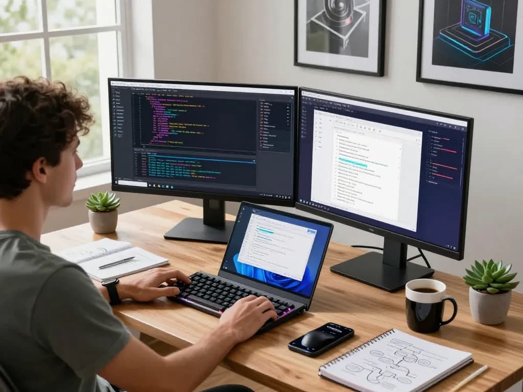 Developer engaging with clawdbot in a vibrant coding workspace, showcasing automation tools and productivity.