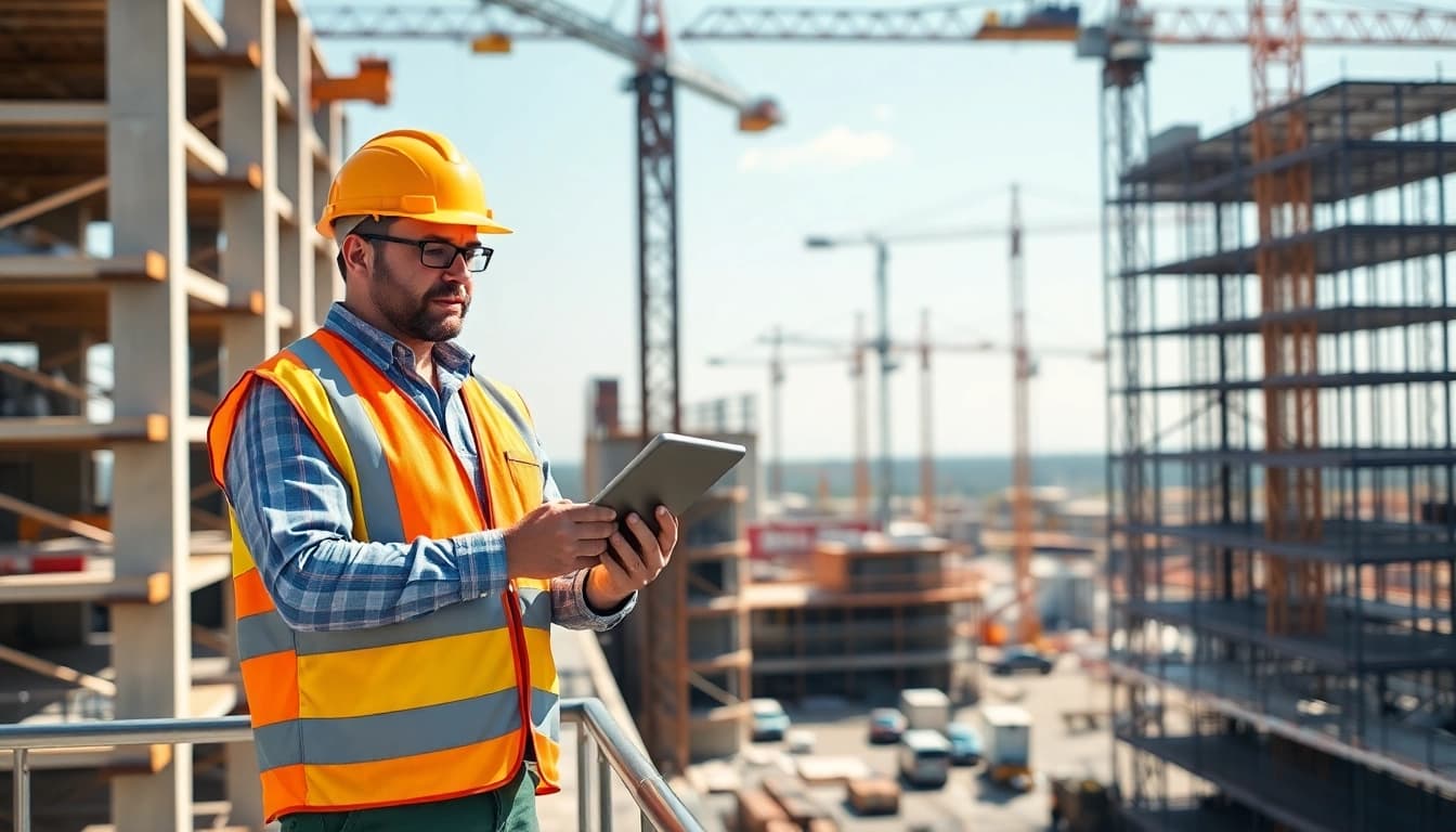 New Jersey Construction Manager analyzing project plans on a construction site.