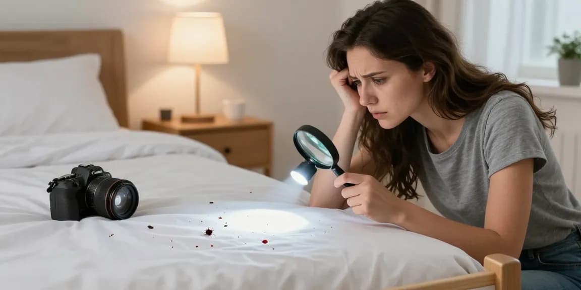 Homeowner inspecting bedding for bed bug infestation signs to find reliable bed bug exterminators.