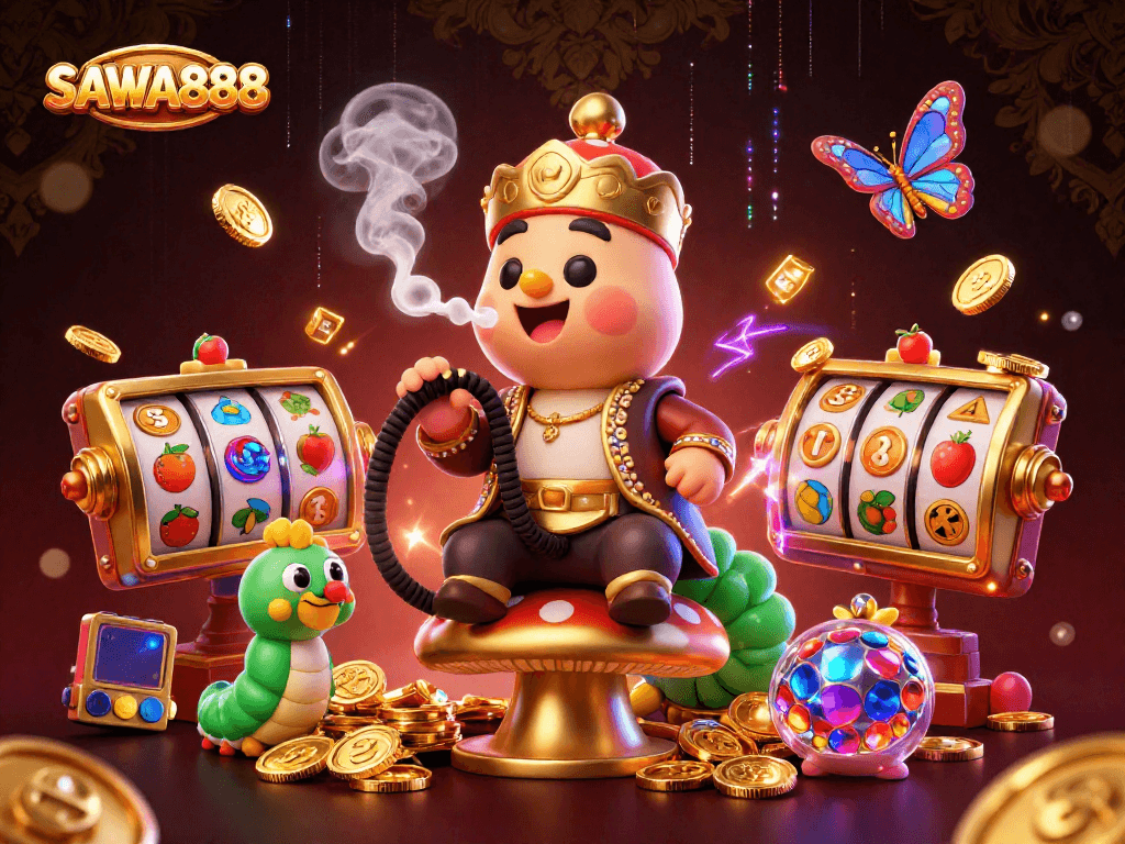 SAWA888 showcases vibrant slot game symbols and a whimsical caterpillar master in a thrilling casino setting.