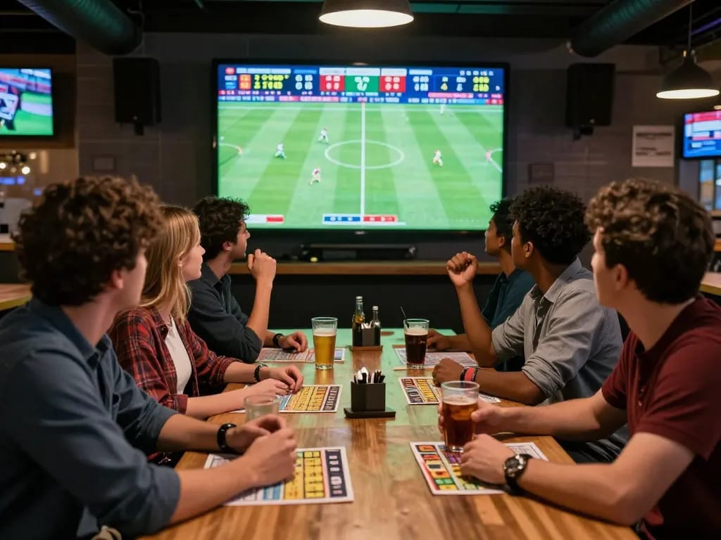 Exciting scene of diverse people enjoying trang cá cược bóng đá in a vibrant sports bar with live matches and betting slips.