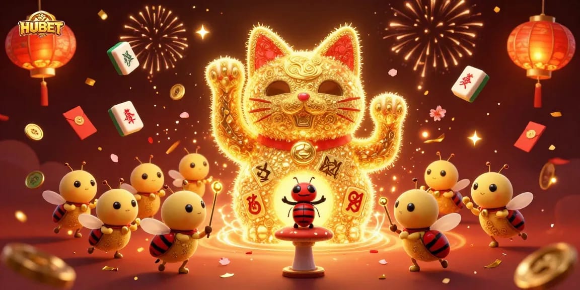 HUBET's dynamic online casino features a colorful illustration of a giant lucky cat and casino elements.