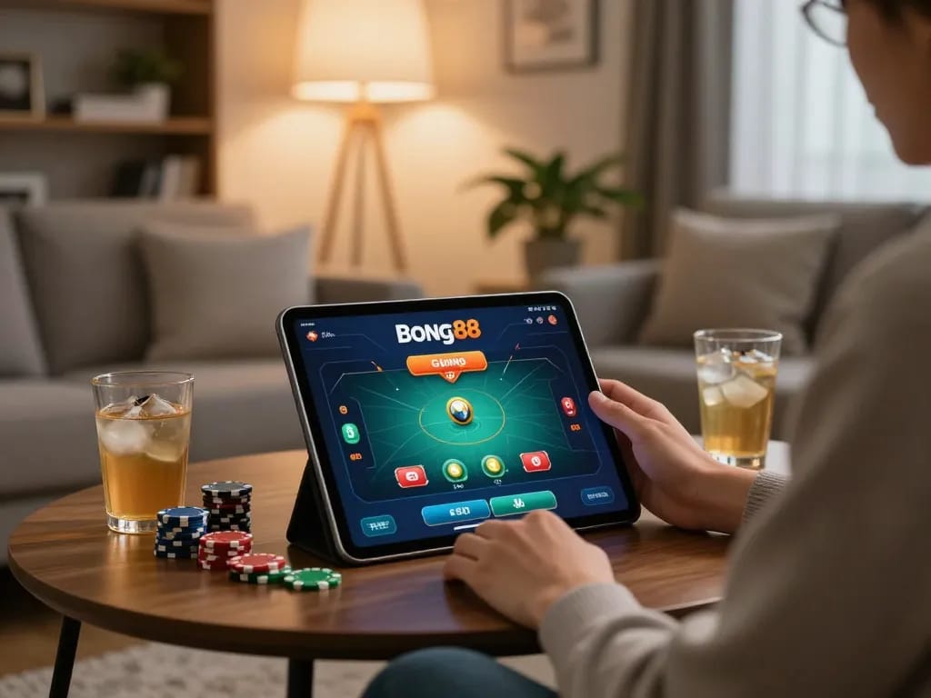 Person enjoying Bong88 online gaming at home on tablet with a cozy atmosphere.