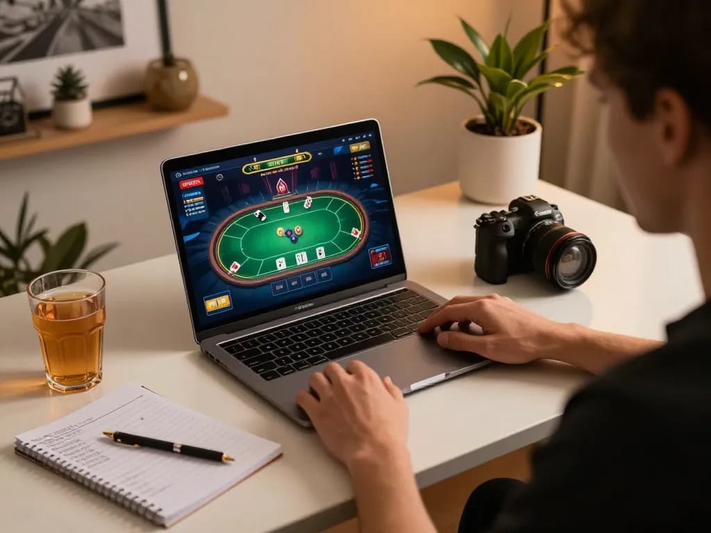 Person engaging in online poker with de bet interface on laptop, showcasing a strategic gaming setup.