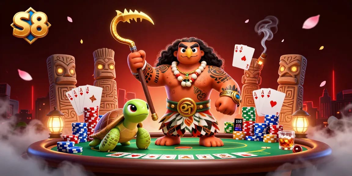 S8 players engaging in high-stakes poker with vibrant characters and game elements in an exciting casino setting