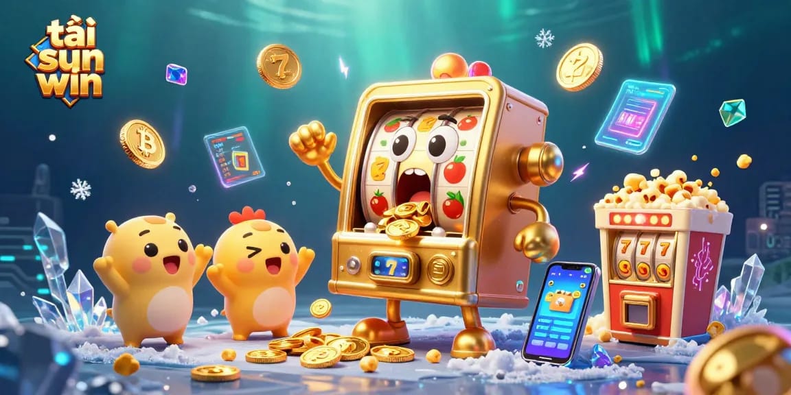 Spin to win with tải sun win as a golden slot machine hits the jackpot surrounded by cheerful machines.