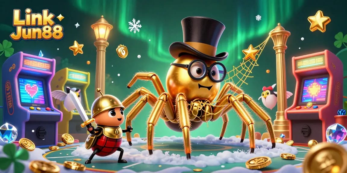 Engage with Link Jun88's dynamic online gaming scene, featuring a golden tarantula and beetle knight.