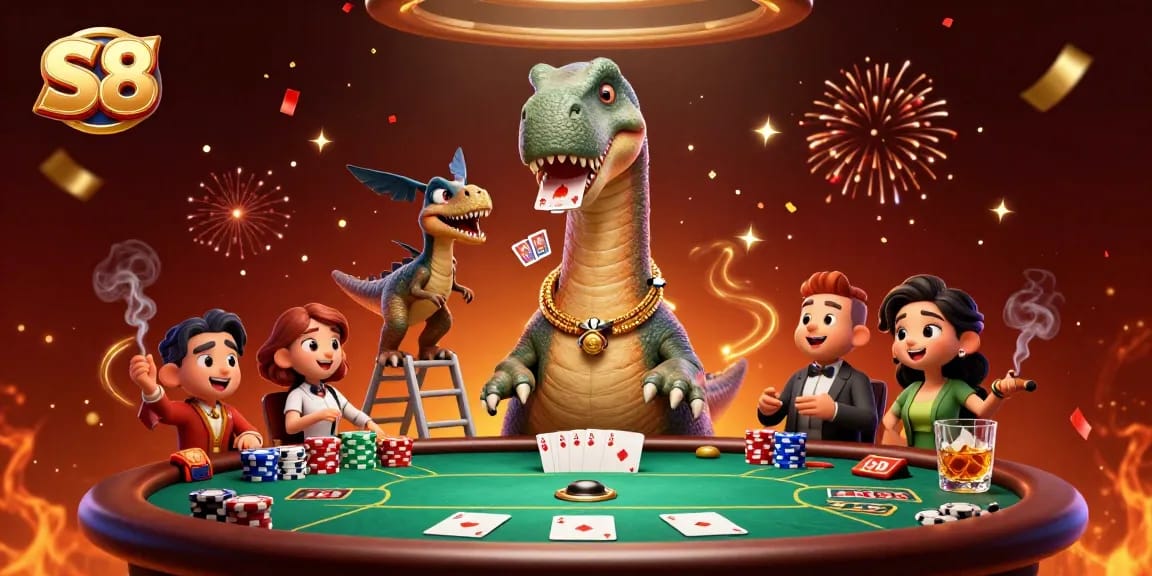 Experience thrilling S8 casino excitement with a dinosaur dealer in a vibrant poker scene.