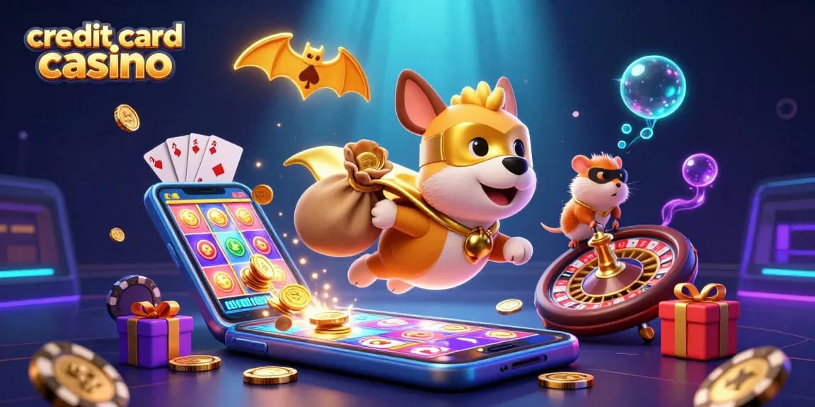 Experience dynamic action at a credit card casino with cartoon characters and vibrant gaming elements.
