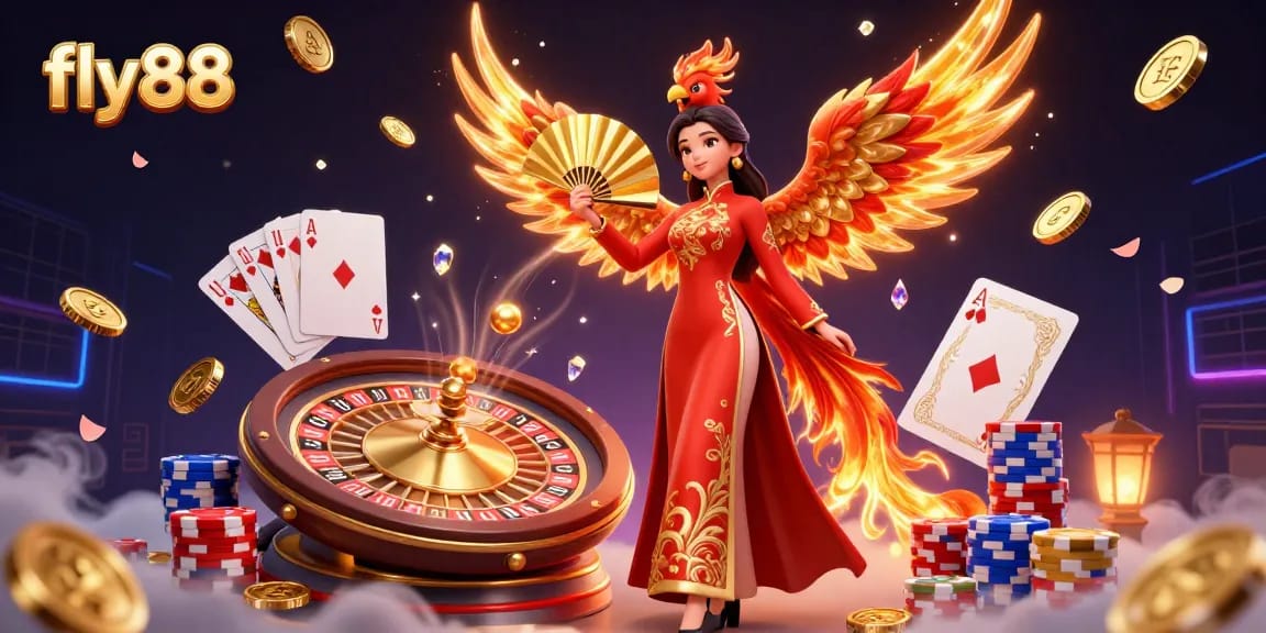 Engage with fly88's vibrant casino illustration featuring exciting games and dynamic animations.