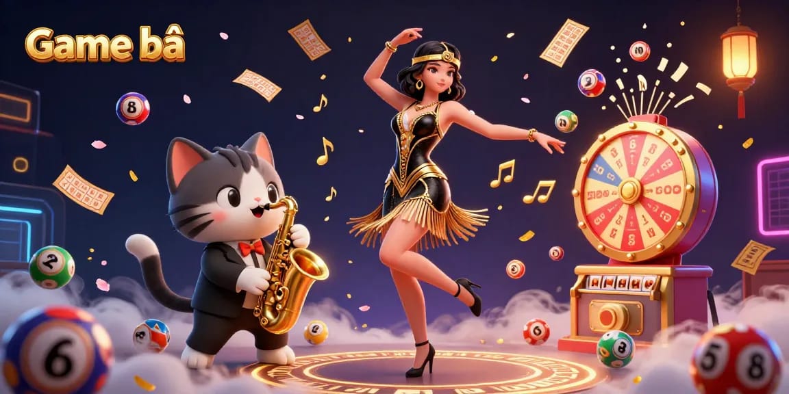 Engage with Game bài through a vibrant 3D illustration featuring a dancing woman and a cat, surrounded by lottery elements.