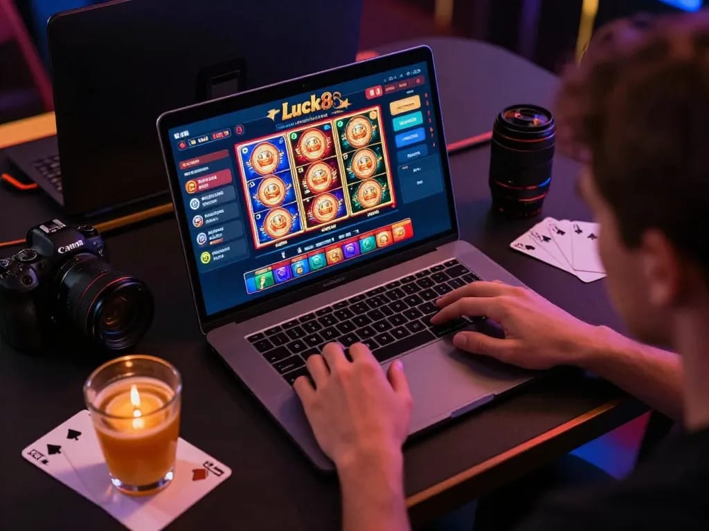 Playing online slots at Luck8 on a laptop in a cozy modern setting, showcasing vibrant game graphics.