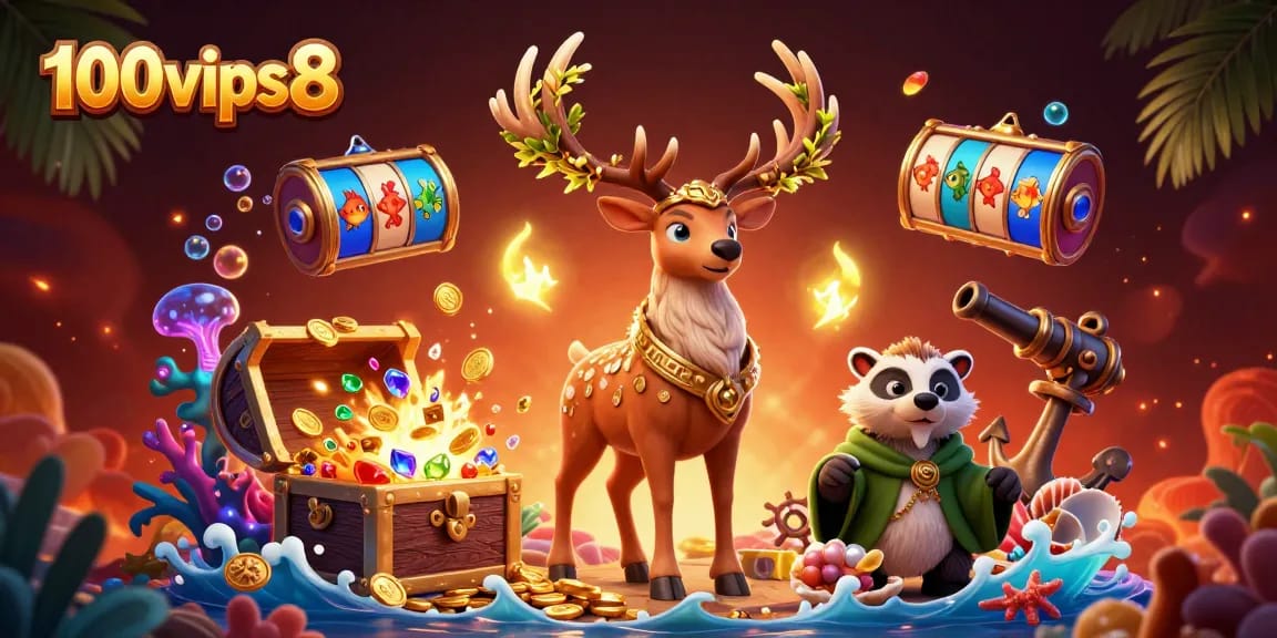 Engage with the vibrant world of 100vips8, featuring exciting slot games, treasure chests, and dynamic casino elements.
