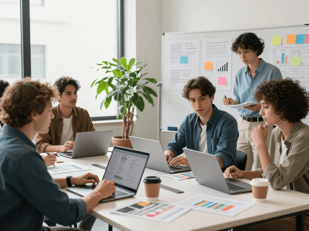 Engaged professionals discussing online promotion strategies in a bright co-working space.