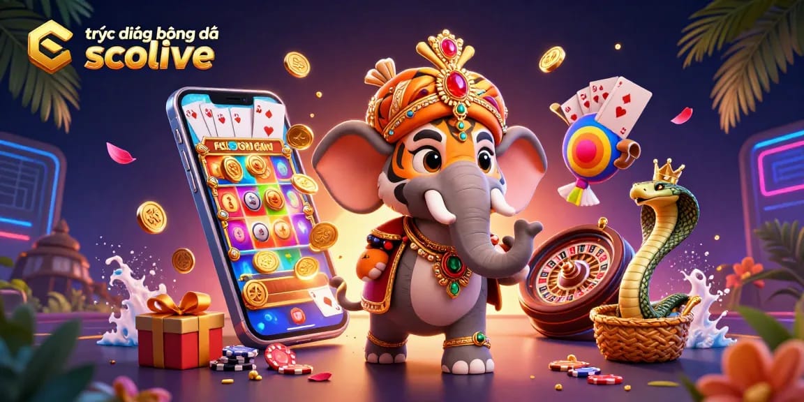 Watch trực tiếp bóng đá socolive with 3D characters and vibrant casino elements in a fun illustration.