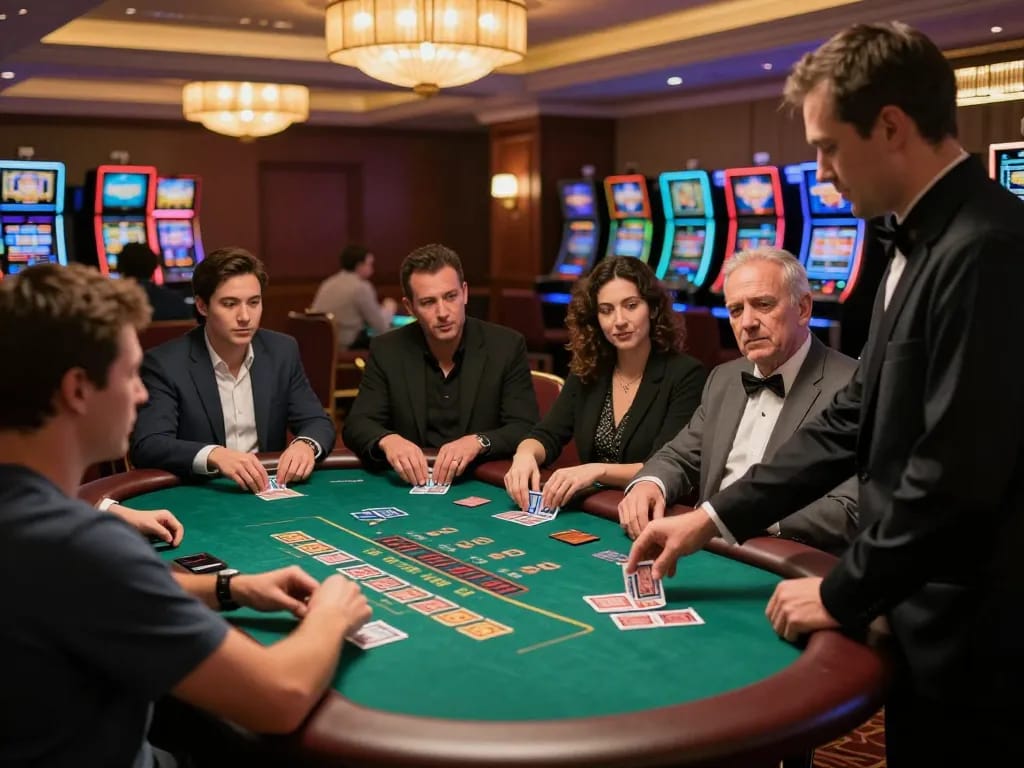 tr88 players strategizing at a blackjack table, capturing the excitement and elegance of a casino.