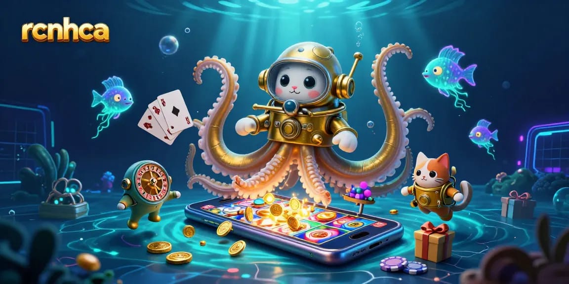 Play exciting games at rcnhca with an illustration of a kraken, diving cat, and casino elements.