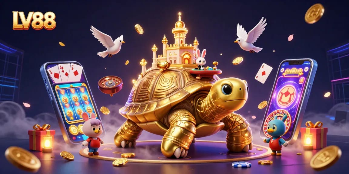 Experience excitement at LV88 with a towering golden tortoise casino, dynamic games, and vibrant energy.