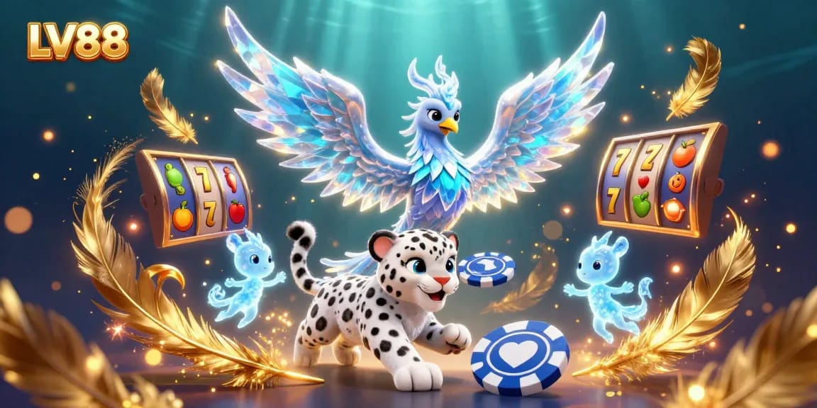 Spin and win at LV88 with an exciting 3D casino illustration featuring a unique ice phoenix and vibrant game elements.
