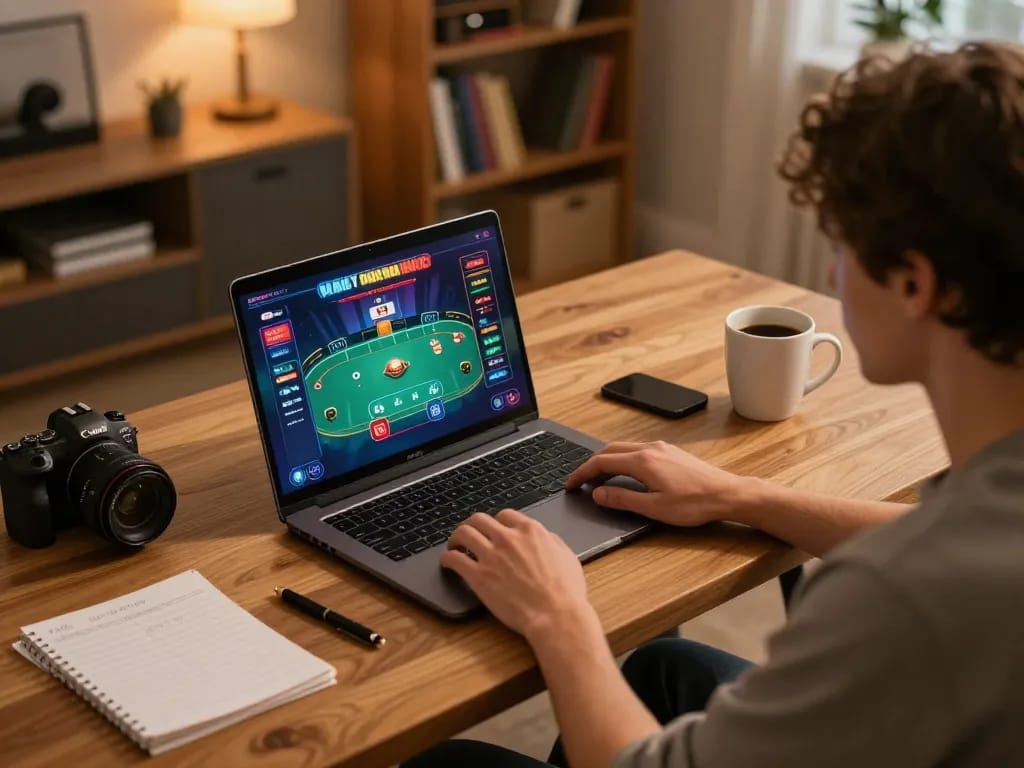 Player engaged in online gaming experience at VT88, showcasing poker action on a laptop.