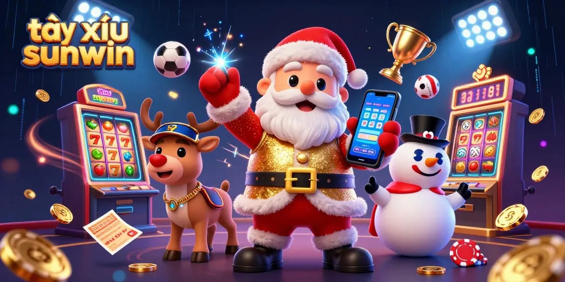 Engage with tài xỉu sunwin in this vibrant casino scene featuring Santa with his reindeer and snowman in a dynamic betting atmosphere.