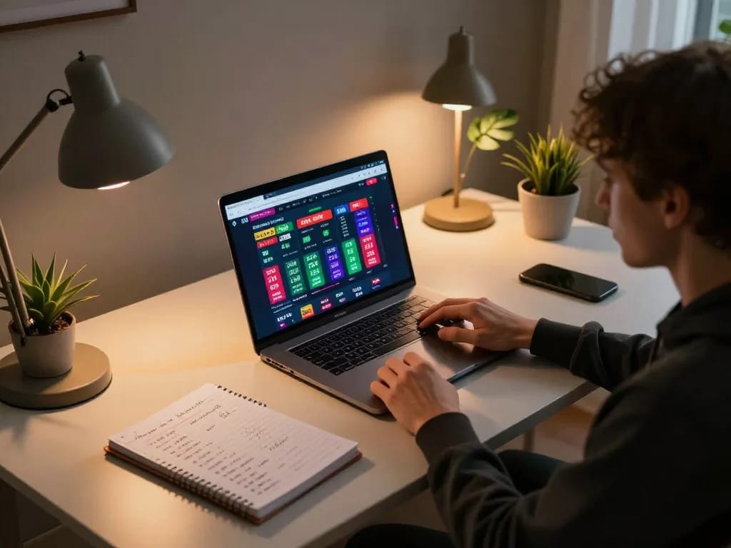 Engaged in sports betting with online interface showing ty le keo on laptop, focused atmosphere