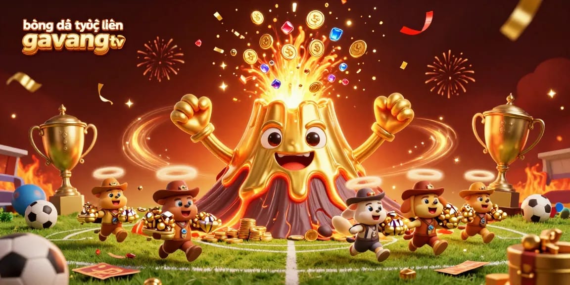 Bóng đá trực tuyến gavangtv showcases dynamic sports betting action with treasure-hunting animals and a victorious volcano.