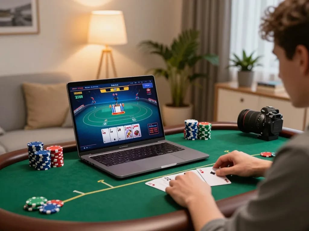 Player enjoying Rikvip poker online game with vibrant interface and cozy home setup
