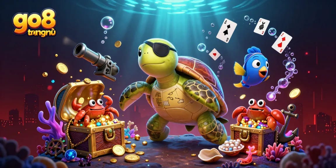 Engage in exciting gameplay at go8 trang chủ with vibrant characters enjoying treasures amidst floating casino elements.