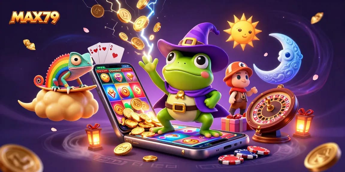 Engage with the MAX79 experience featuring a 3D wizard frog and chameleon amidst vibrant golden coins and casino elements.