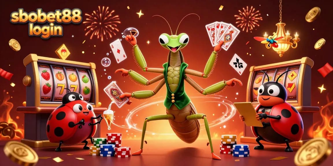 Enjoy the excitement of sbobet88 login at a vibrant casino scene with cheerful characters and slot machines.