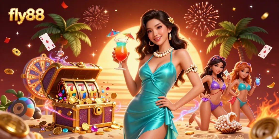 Experience the excitement of fly88 with a vibrant casino illustration featuring stunning characters and game elements.