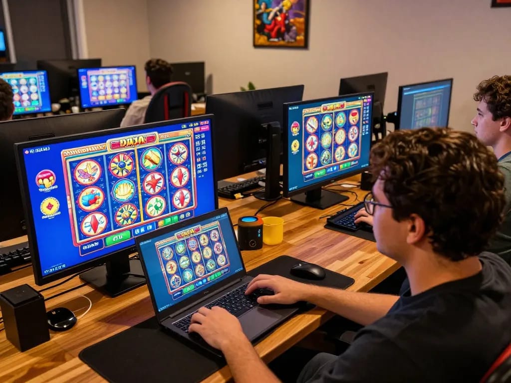 Pemain berinteraksi dengan permainan raja slot online, antarmuka yang cerah dan pengaturan permainan modern