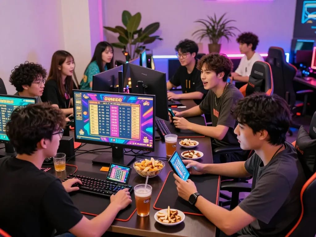 Engaged friends enjoying đánh đề online with vibrant visuals and snacks.