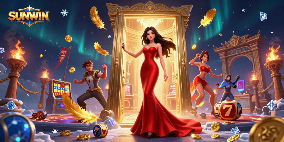Experience thrilling gaming at SUNWIN with a glamorous Asian woman welcoming players to the casino.