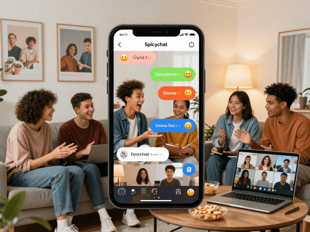 Engaging spicychat scene with friends interacting digitally in a cozy setting.