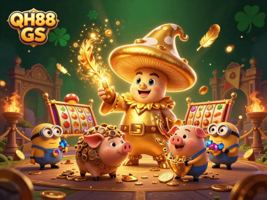 Experience the magic of QH88 GS with a golden wizard and treasure elements in an exciting casino scene.
