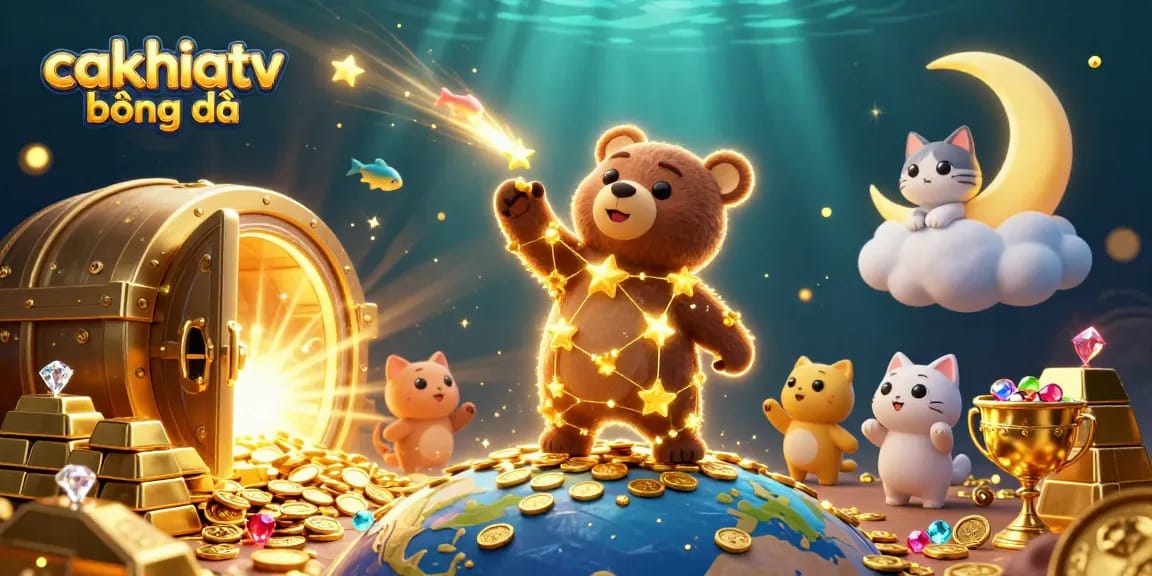 CakhiaTV bóng đá brings excitement with dynamic gold and treasure elements in a vibrant 3D scene.