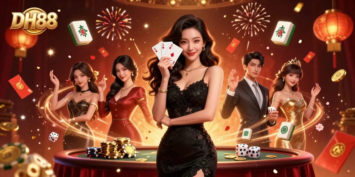 Experience the thrill of DH88 with a stunning casino illustration featuring playing cards and vibrant elements.