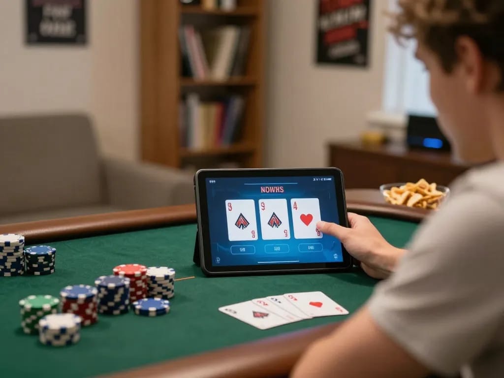 Player engaging with sc88 link during an intense online poker game in a cozy home setup.