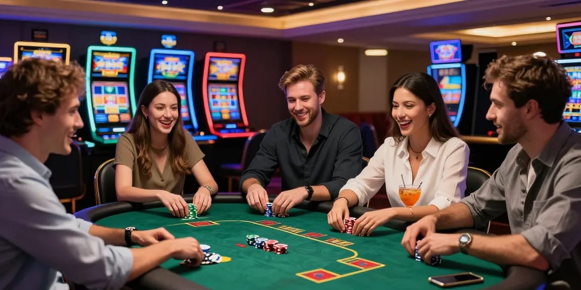 A lively online casino scene at https://gdsap.org.uk, showcasing diverse players enjoying games, colorful slot machines, and a live dealer in a vibrant and luxurious environment.
