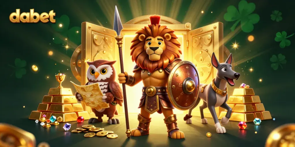 Experience thrilling gaming at dabet with a heroic Spartan lion surrounded by treasures.