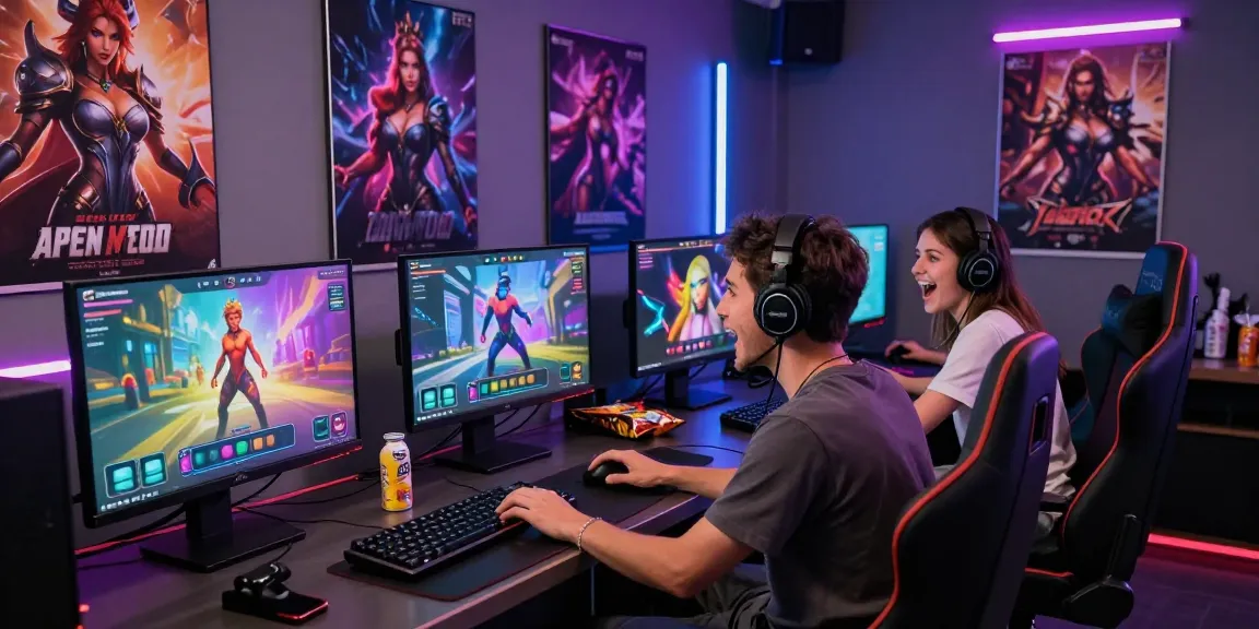 Excited gamers enjoying immersive AI porn games in a vibrant game studio.