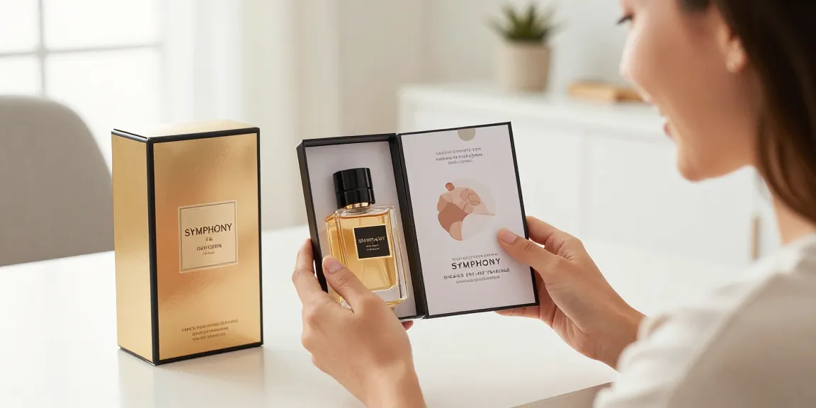 Symphony perfume sample unboxing experience for online shopping enthusiasts, showcasing premium packaging and buyer's guide.