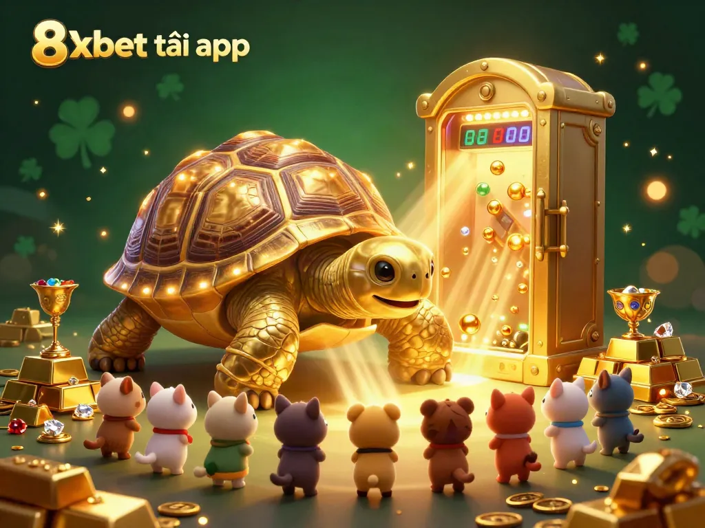 Engage with 8xbet tải app in a vibrant 3D casino scene, featuring a golden tortoise pinball machine and gleaming treasure.