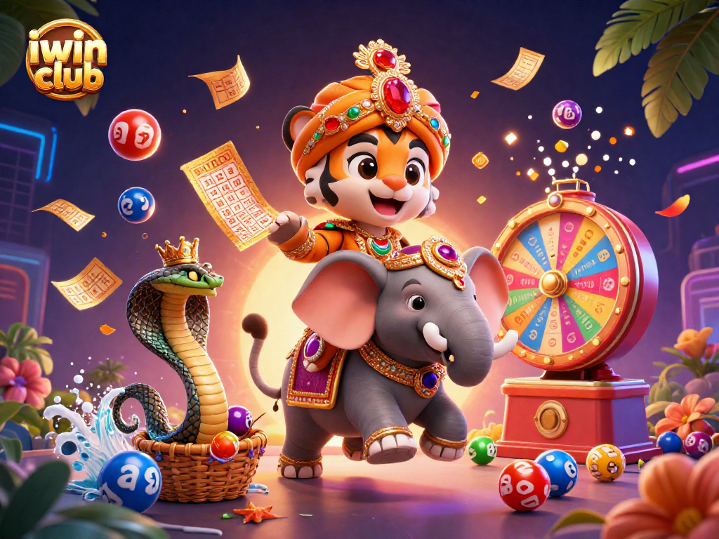 Engage with iwin club's lively atmosphere featuring a maharaja tiger, elephant, and fun lottery activities.