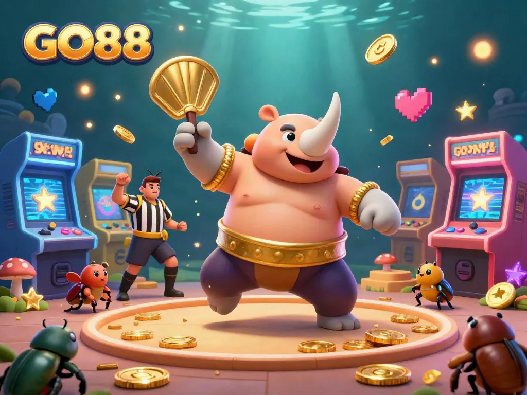 GO88 shows a sumo champion beetle surrounded by flying coins and gaming elements in a vibrant casino scene.