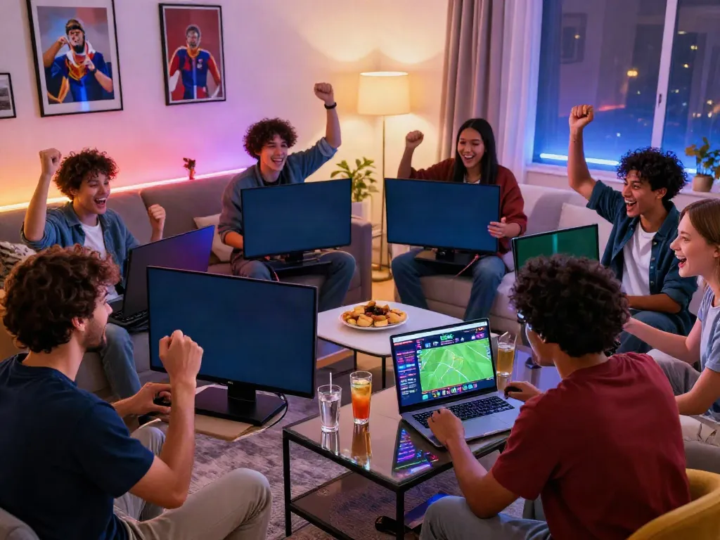 Exciting LU88 online betting scene with friends cheering for sports in a vibrant living room.